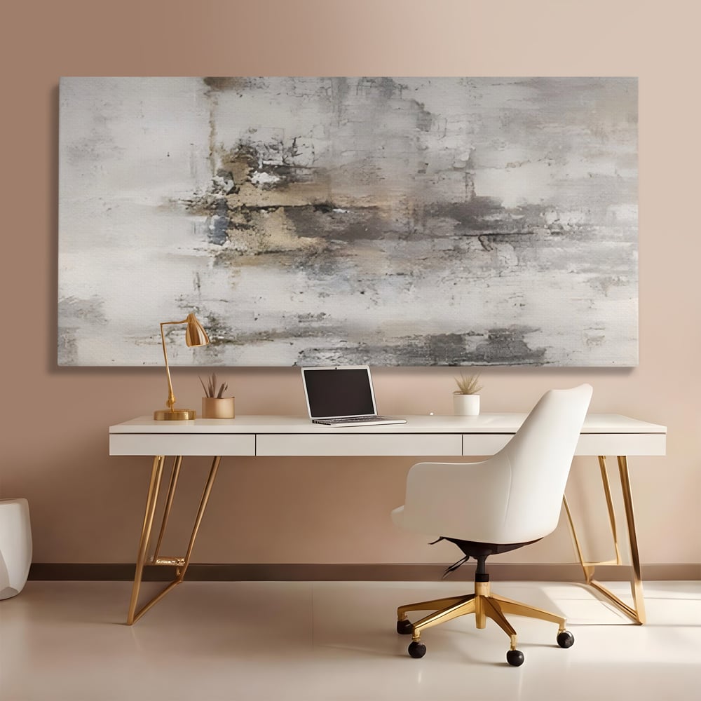 Tablou canvas cu pictura abstracta cu texturi gri si bronz, fara rama, pe sasiu de lemn, pe perete intr-un birou